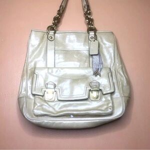 COACH Pushlock Beige Leather North South Tote Shoulder Purse 17924
